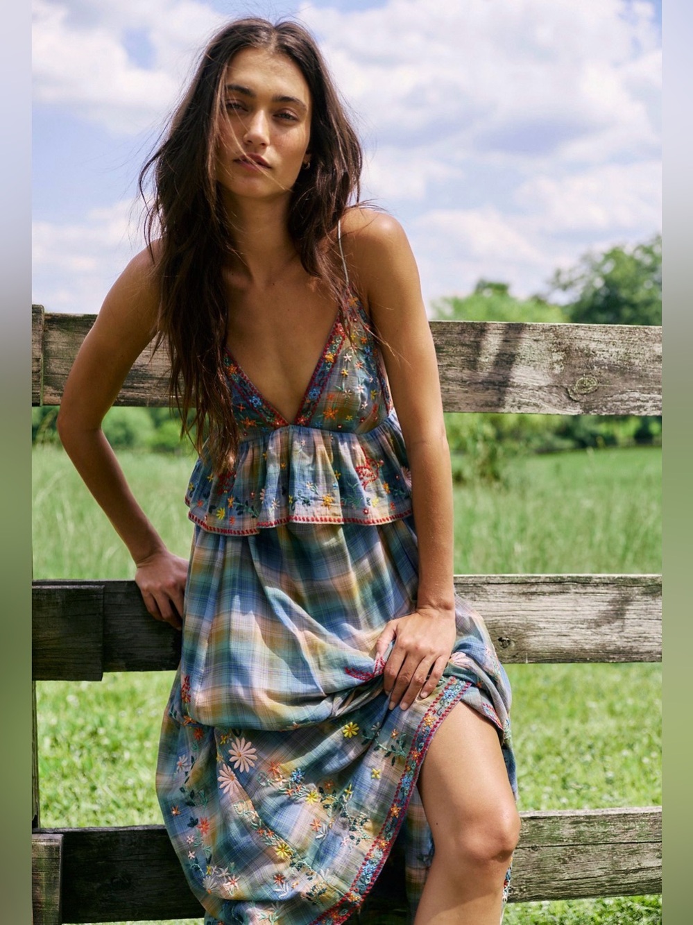 Free People Songs of Summer Boho Floral Plaid Tiered Maxi Dress — Blue Multi